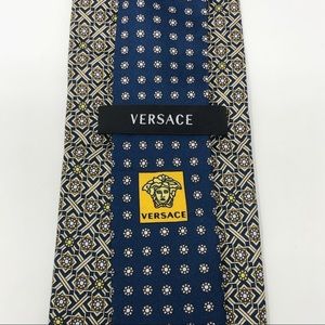 Versace Gold Blue Floral Medusa Print Silk Tie EUC